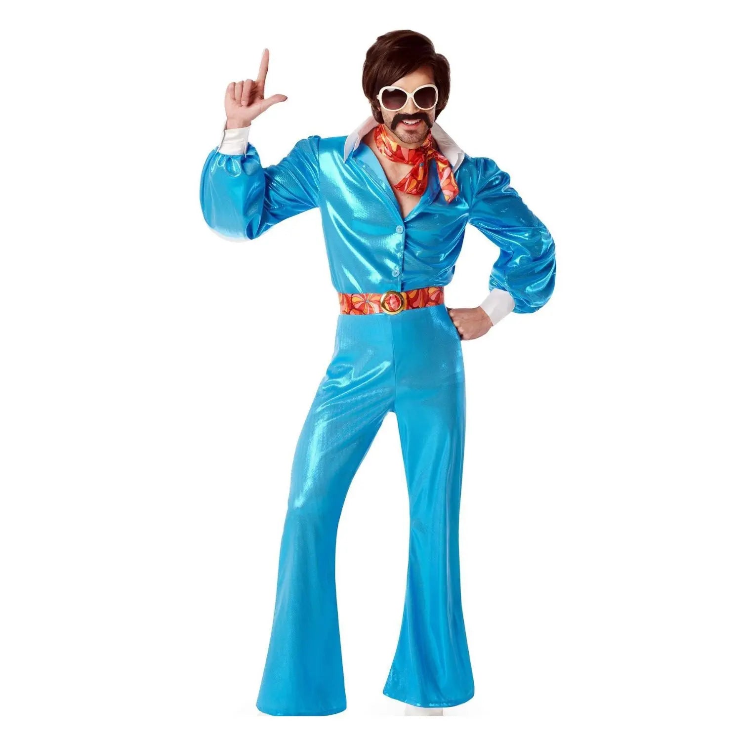 Disfraz disco azul para hombre años 70 con camisa, chaleco, pantalón y cinturón ideal para Carnaval y fiestas temáticas