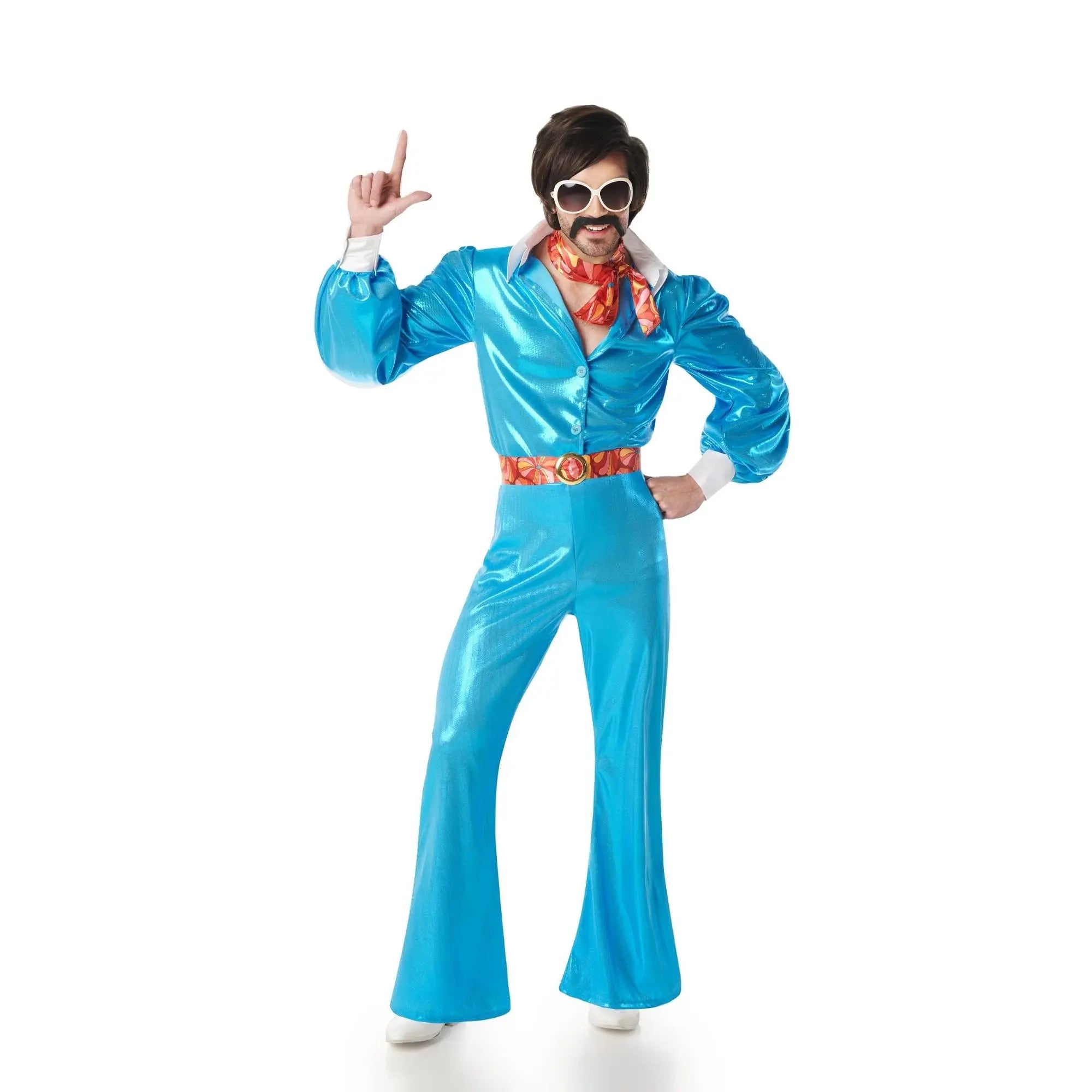 Disfraz disco azul para hombre años 70 con camisa, chaleco, pantalón y cinturón ideal para Carnaval y fiestas temáticas