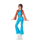 Disfraz disco azul de mujer años 70 con camisa, chaleco, pantalón y cinturón para Carnaval o fiestas retro