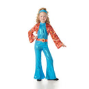 Disfraz disco azul para niña años 70 con camisa chaleco pantalón y cinturón estilo retro Carnaval