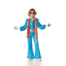 Disfraz disco azul para niño estilo años 70 con camisa, pañuelo, pantalón y cinturón para Carnaval y fiestas