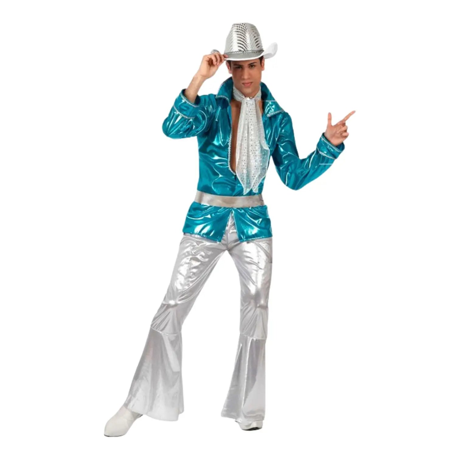 Hombre con disfraz Disco Azul y Plata compuesto por pañuelo, chaqueta, cinturón y pantalón acampanado inspirado en los años 70.