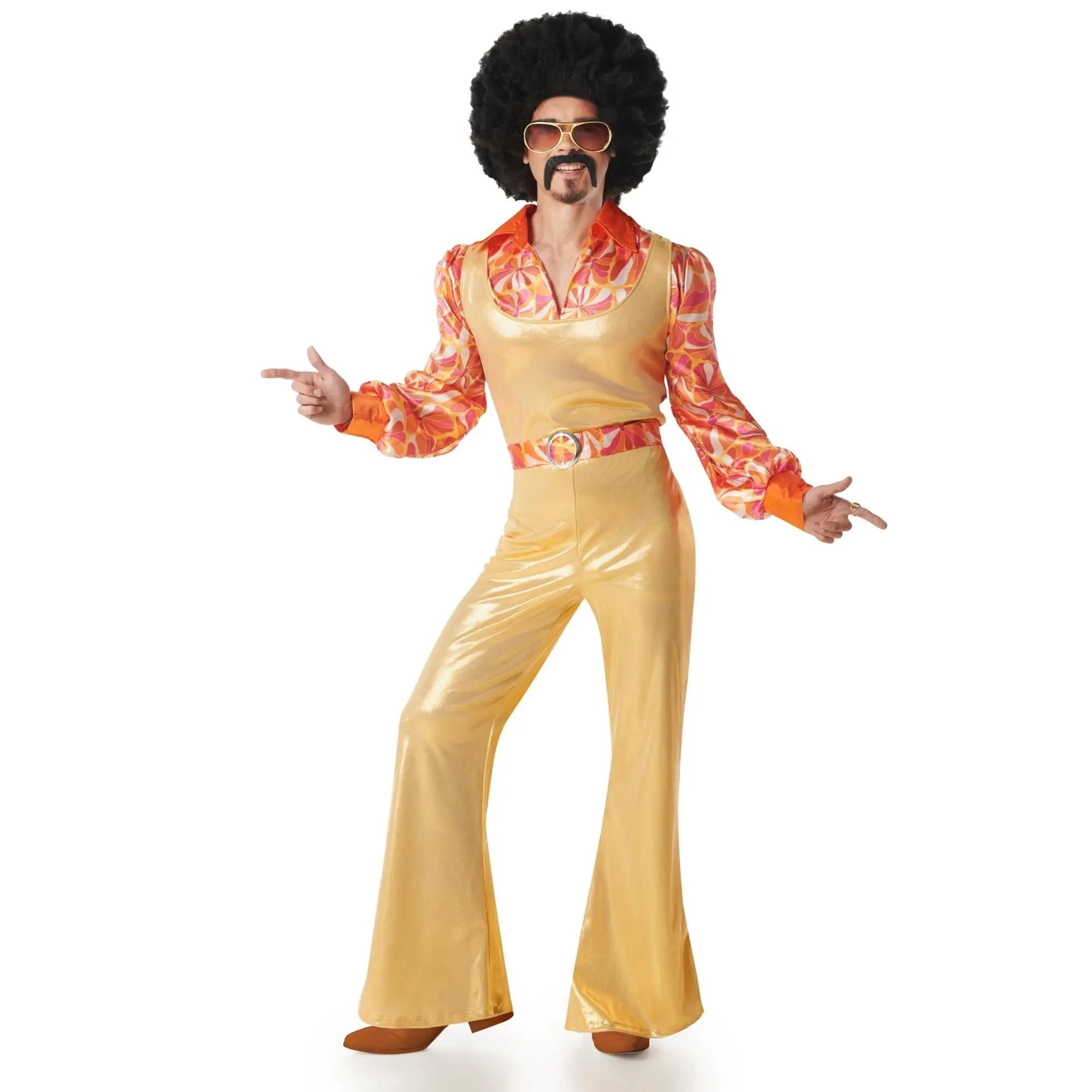 Disfraz disco dorado para hombre años 70 con camisa, chaleco, pantalón y cinturón brillante ideal para Carnaval
