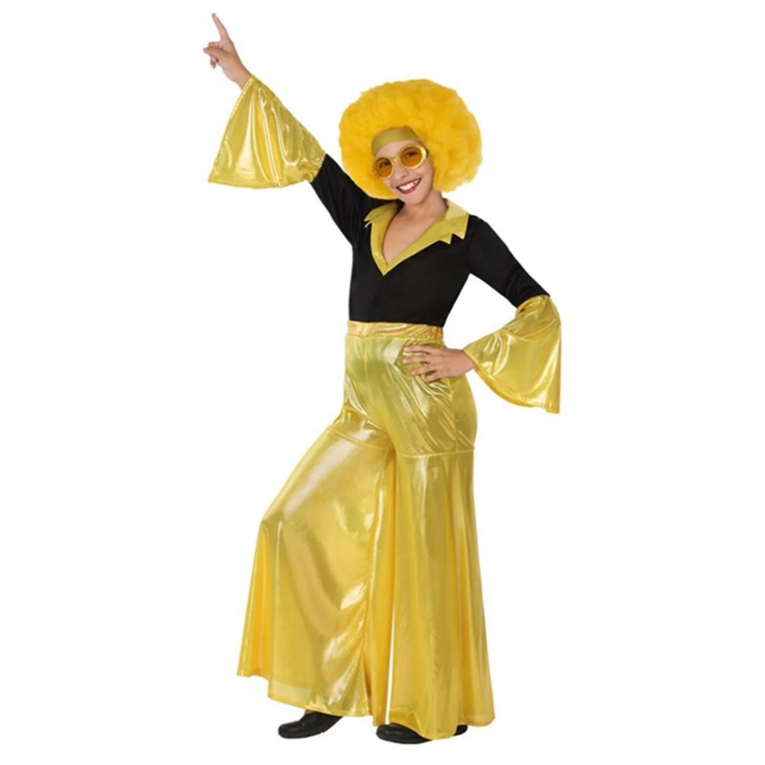Disfraz disco dorado infantil para niña con pantalón campana