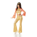 Disfraz disco dorado para mujer años 70 con mono brillante, chaqueta y diadema para Carnaval