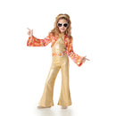 Disfraz disco dorado para niña años 70 con mono brillante, chaqueta y diadema