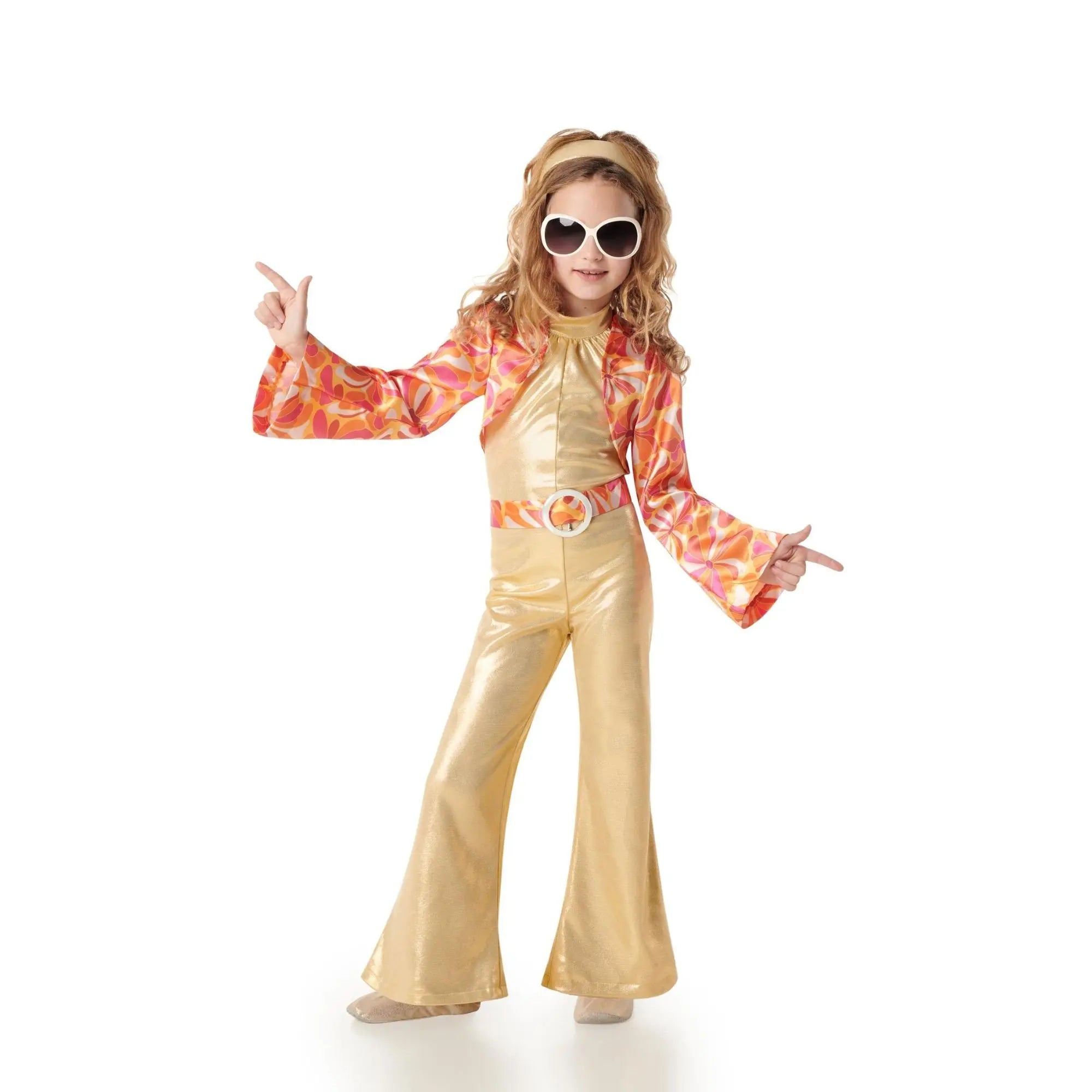 Disfraz disco dorado para niña años 70 con mono brillante, chaqueta y diadema