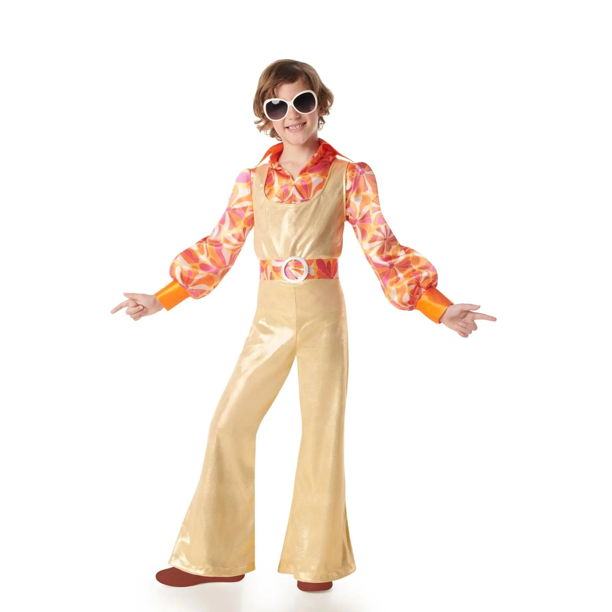 Disfraz disco dorado para niño estilo años 70 con camisa, chaleco, pantalón y cinturón para Carnaval y fiestas temáticas