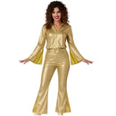 Disfraz disco gold para mujer con pantalón, camisa y cinturón estilo años 70 brillante para Carnaval y fiestas temáticas