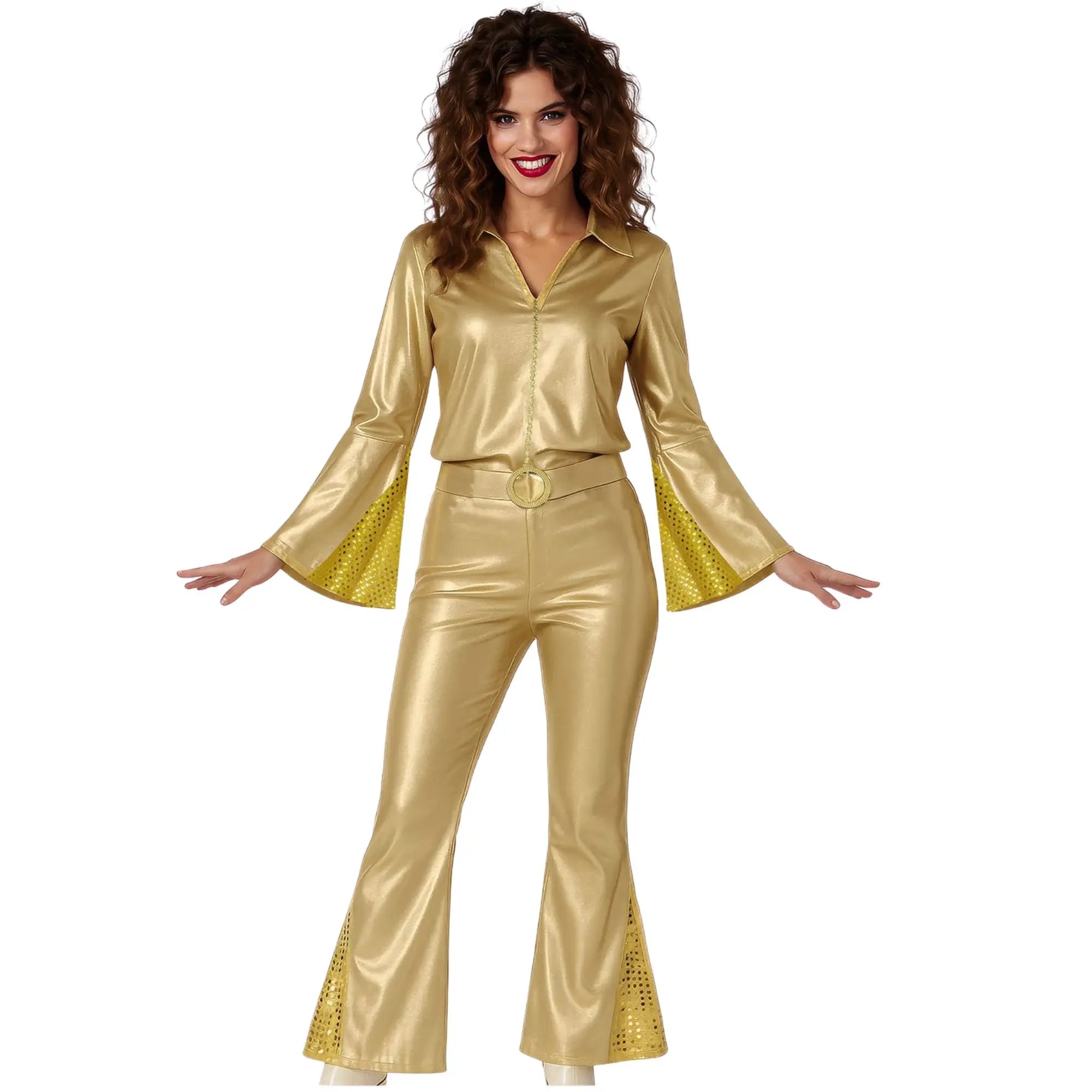 Disfraz disco gold para mujer con pantalón, camisa y cinturón estilo años 70 brillante para Carnaval y fiestas temáticas