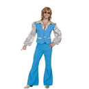 Disfraz de hombre años 70 azul con camisa, chaleco y pantalón estilo disco retro