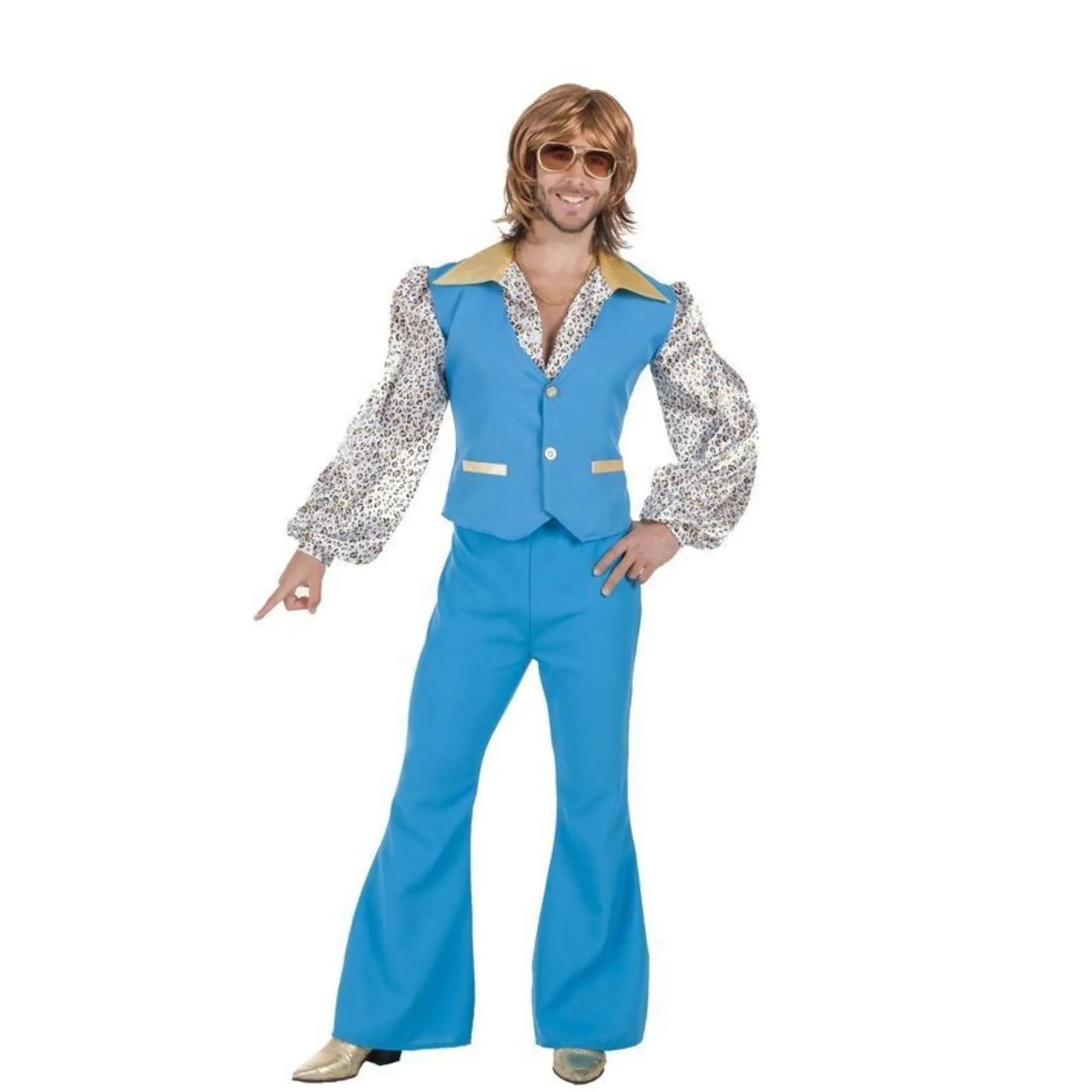 Disfraz de hombre años 70 azul con camisa, chaleco y pantalón estilo disco retro