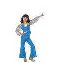 Disfraz de niña años 70 azul con blusa, chaleco y pantalón estilo disco
