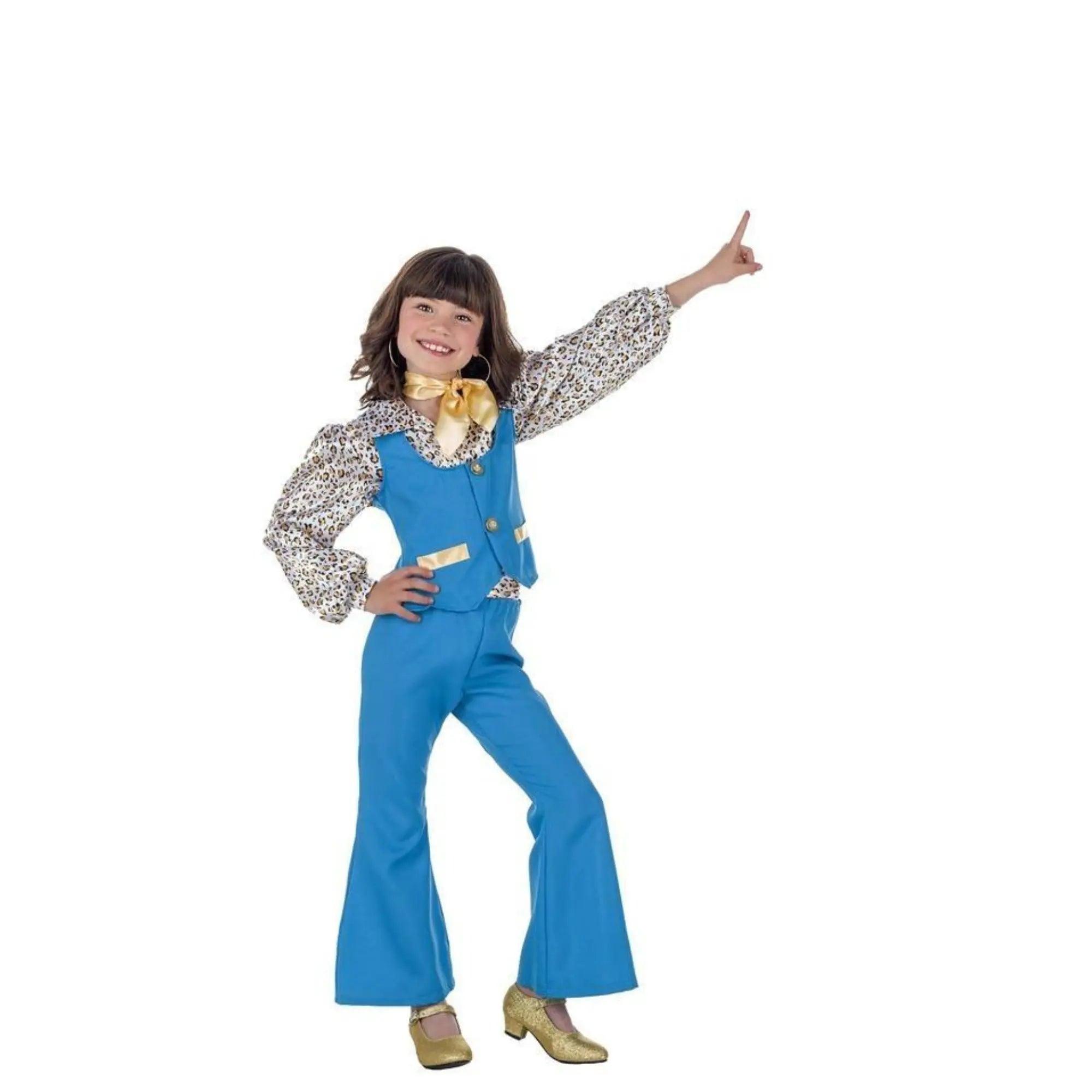 Disfraz de niña años 70 azul con blusa, chaleco y pantalón estilo disco