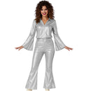 Disfraz disco silver mujer con pantalón brillante, camisa y cinturón estilo años 70 para Carnaval y fiestas temáticas