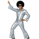 Disfraz Disco Silver para hombre con mono plateado y cinturón estilo años 70 para Carnaval y fiestas temáticas