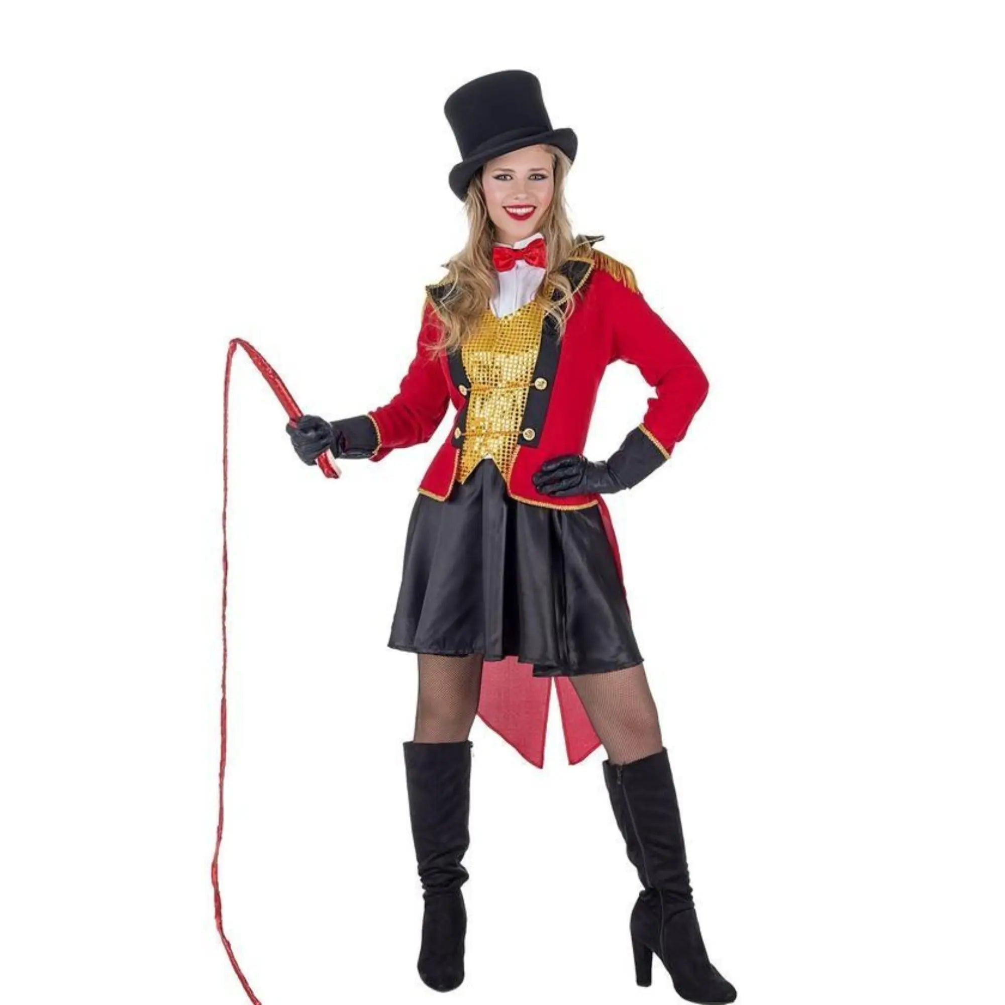 Disfraz de domadora de circo para mujer con chaqué chaleco falda y pajarita