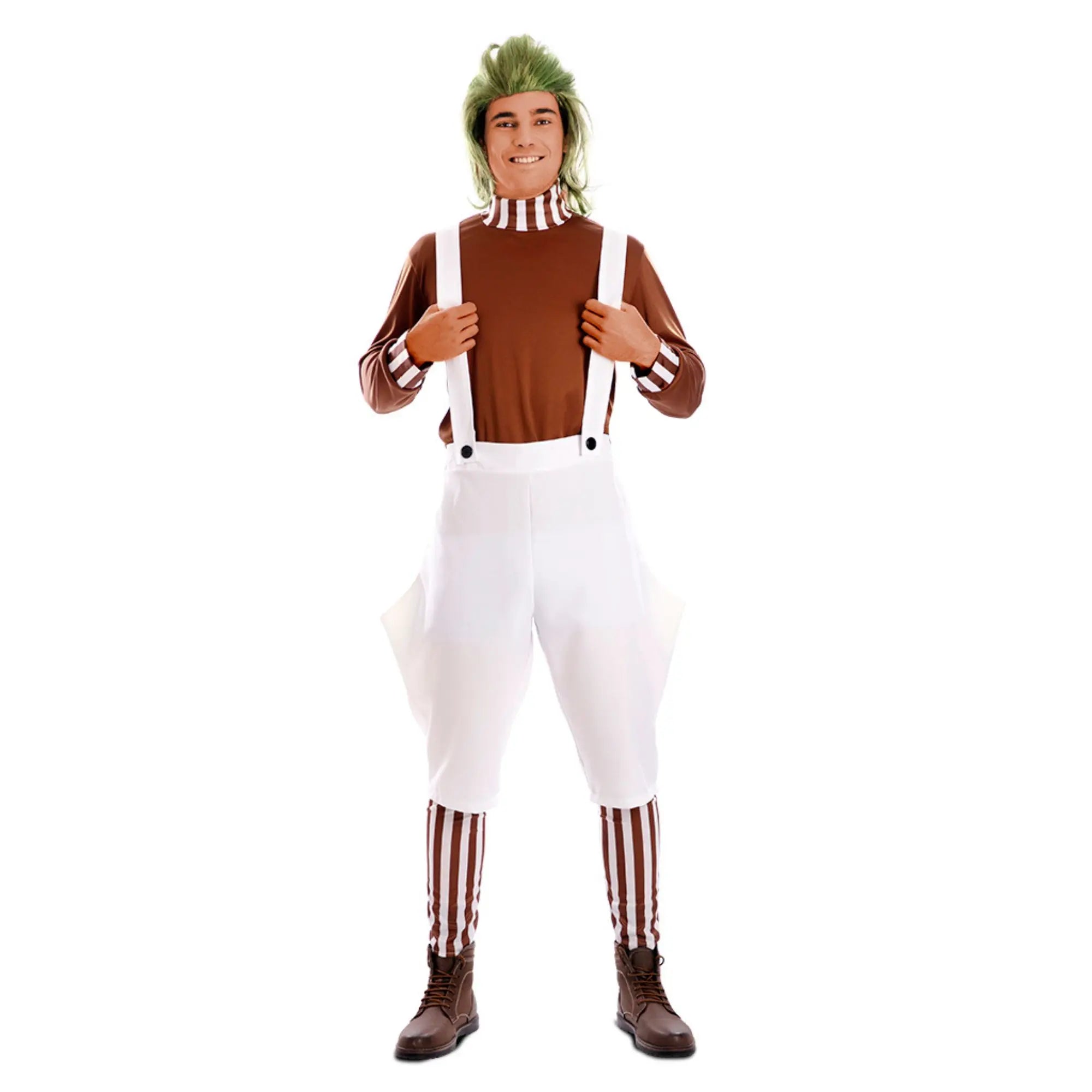 Disfraz de duende dulce para hombre con peto blanco camiseta marrón y calentadores a rayas ideal para Carnaval