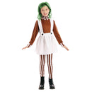 Disfraz de duendecilla dulce para niña con peto falda blanca camiseta marron y leggins inspirado en Charlie y la fabrica de chocolate