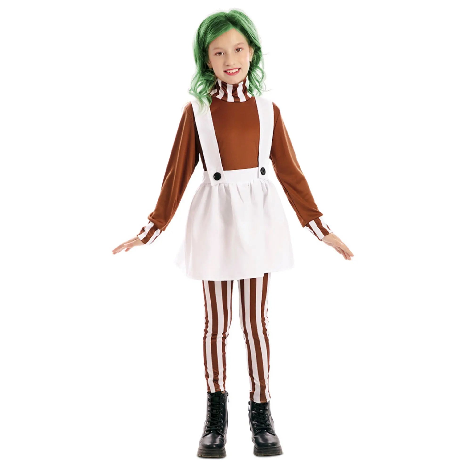 Disfraz de duendecilla dulce para niña con peto falda blanca camiseta marron y leggins inspirado en Charlie y la fabrica de chocolate