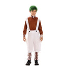 Niño con disfraz de duende dulce inspirado en umpa lumpa con peto blanco y camiseta marrón