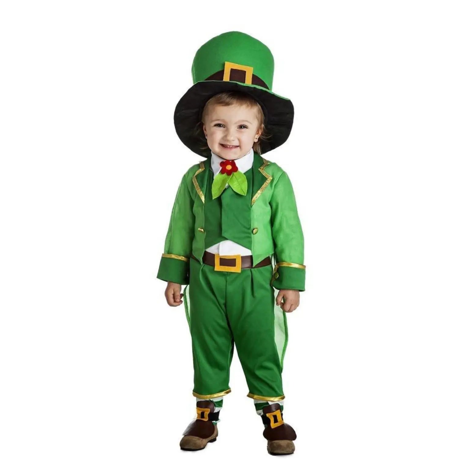 Disfraz de duende de San Patricio infantil con sombrero verde y traje completo