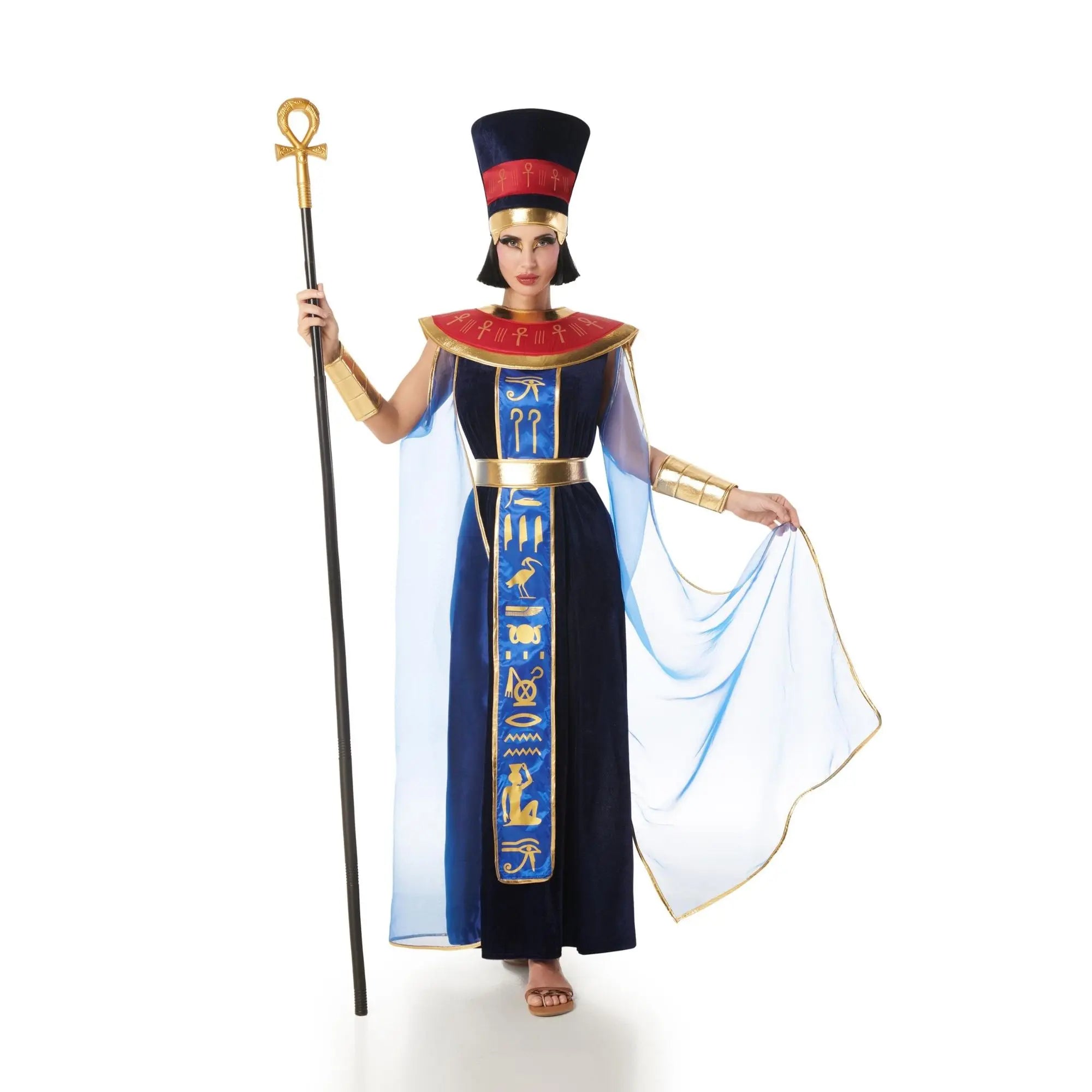 Disfraz de faraona egipcia azul para mujer con túnica capa y accesorios completos de estilo antiguo Egipto