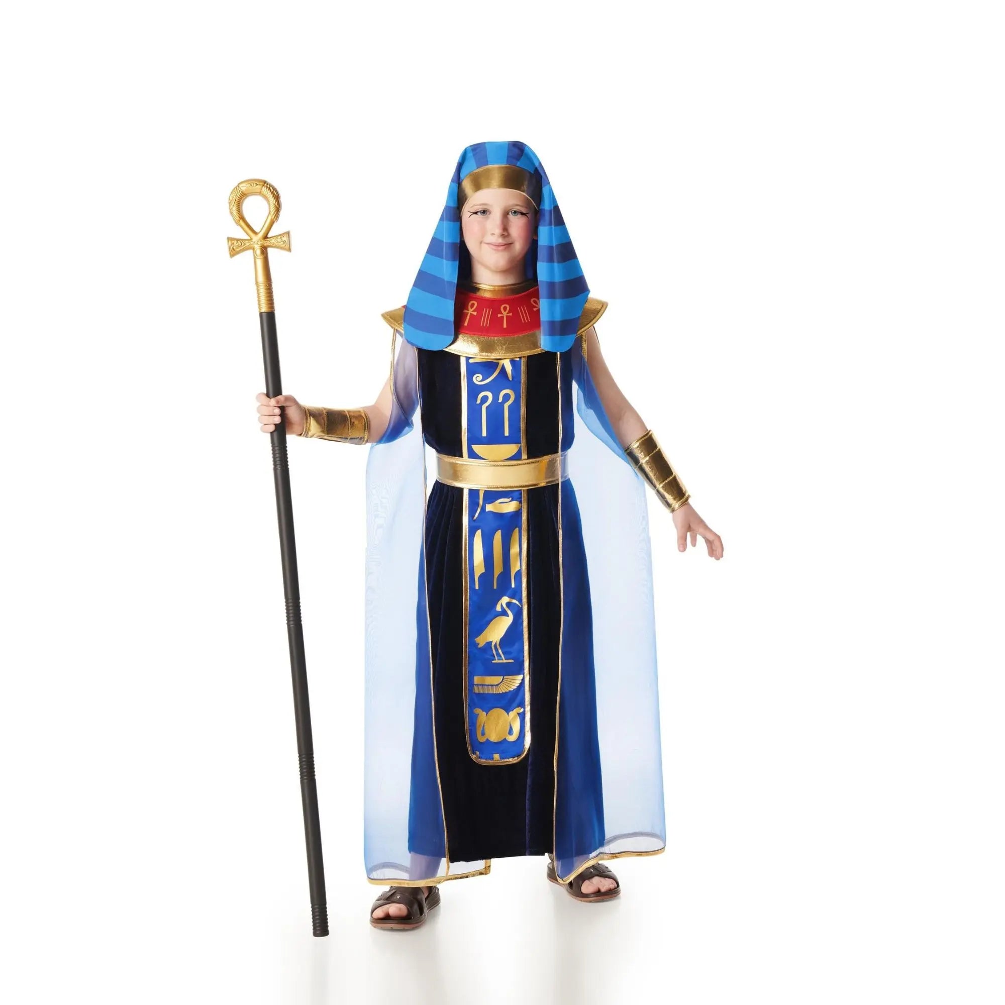 Disfraz de faraón egipcio azul para niño con túnica, capa, tocado y accesorios dorados ideal para Carnaval