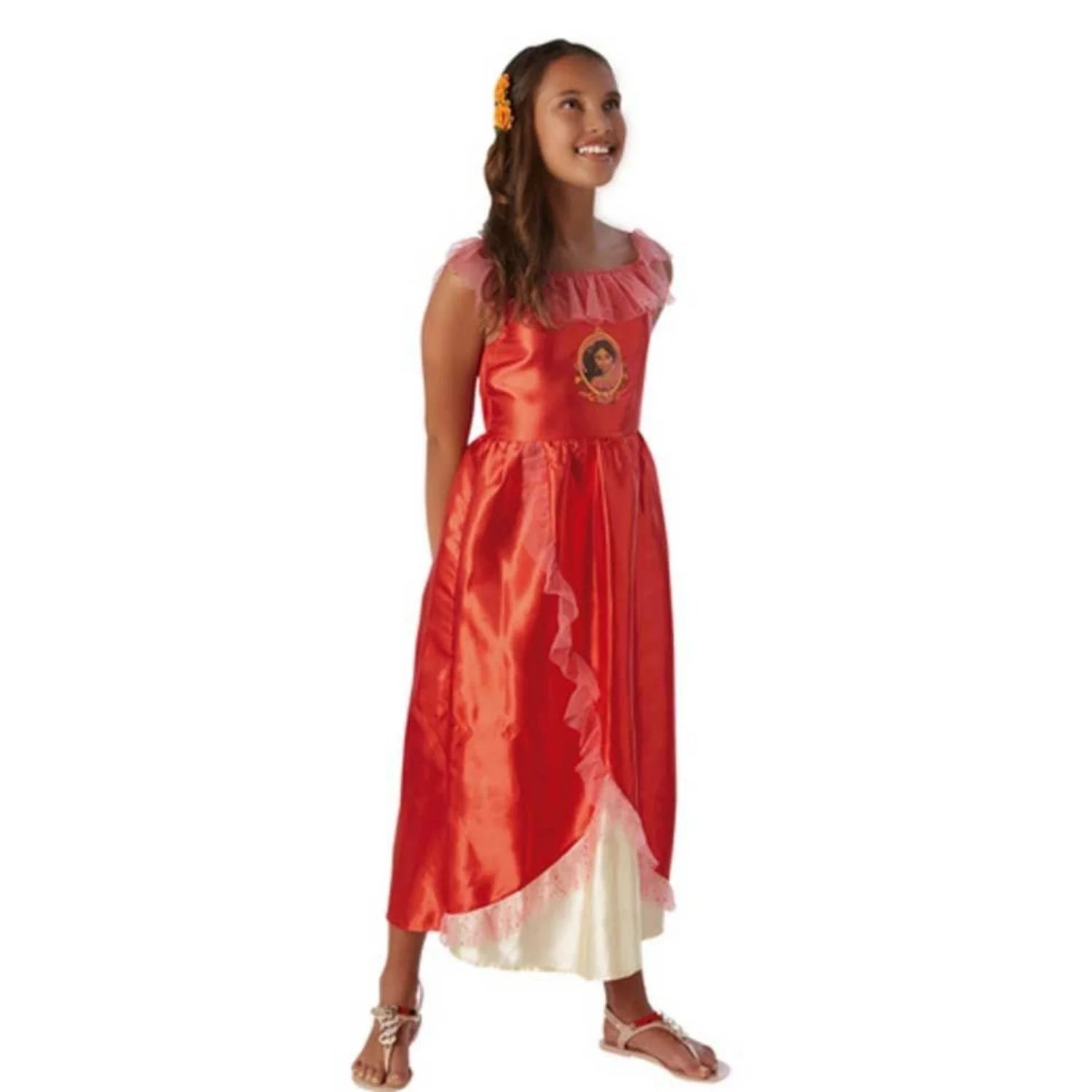 Disfraz de Elena de Avalor infantil con vestido largo rojo satinado