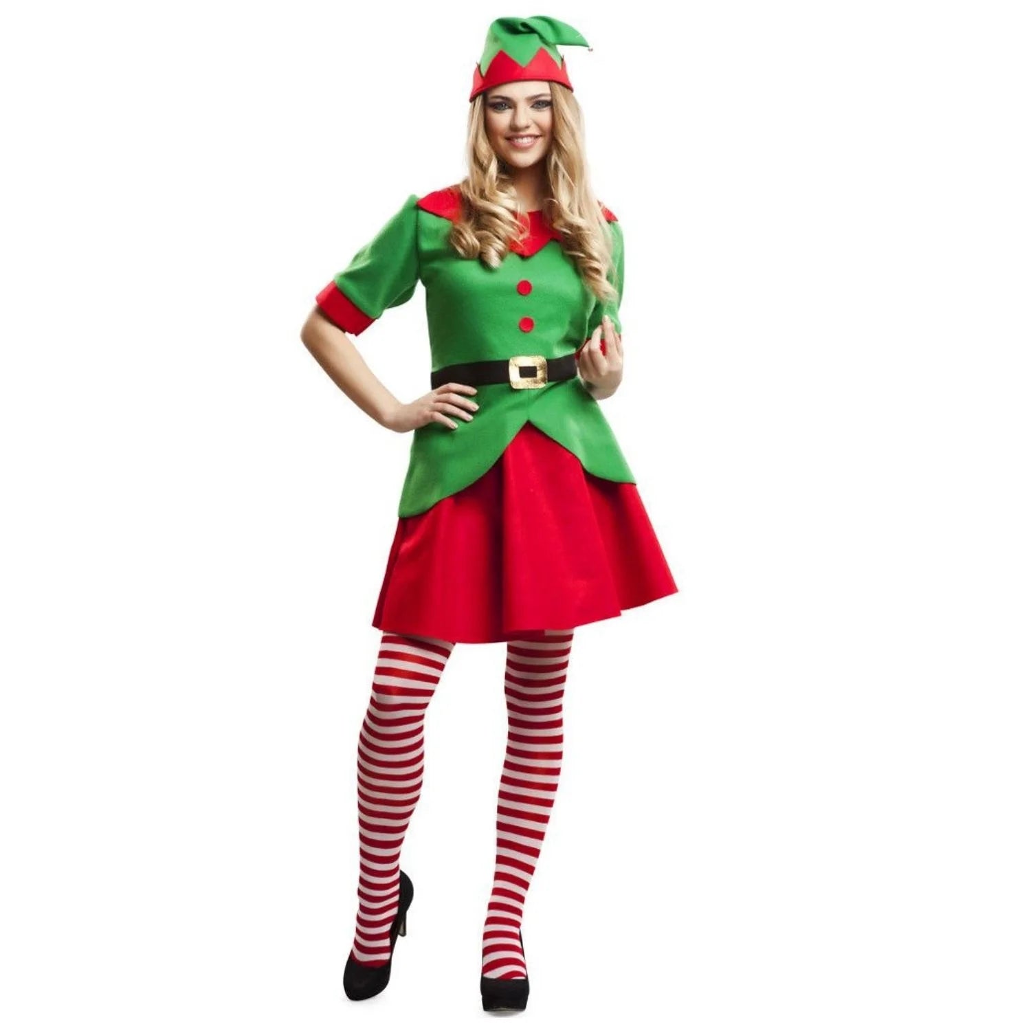 Disfraz de Elfa adulta con vestido rojo y verde y medias de rayas navideñas