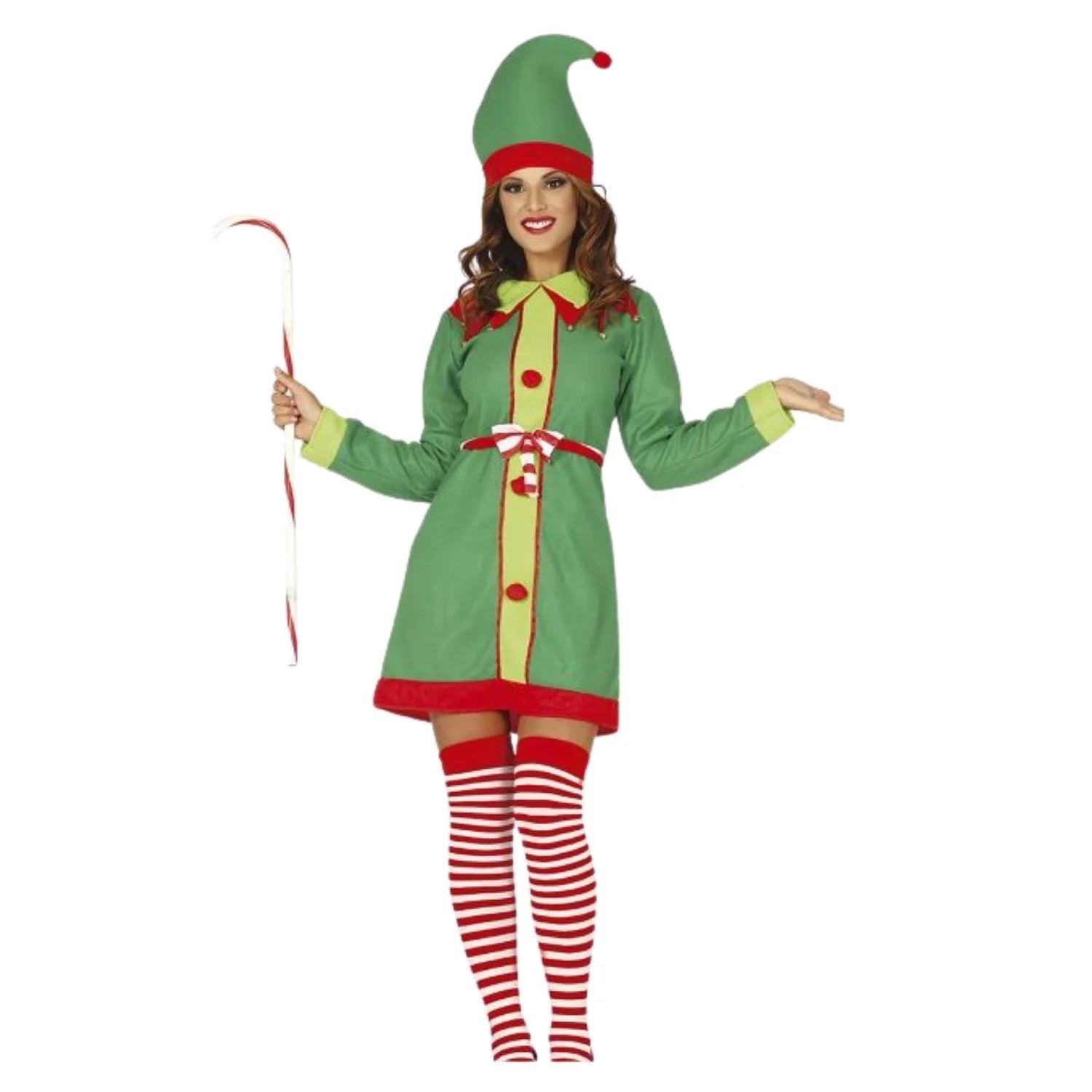 Disfraz de elfa para mujer con vestido verde, gorro y cinturón para Navidad