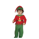 Disfraz de elfo bebé con gorro, pantalón y camisa en colores navideños