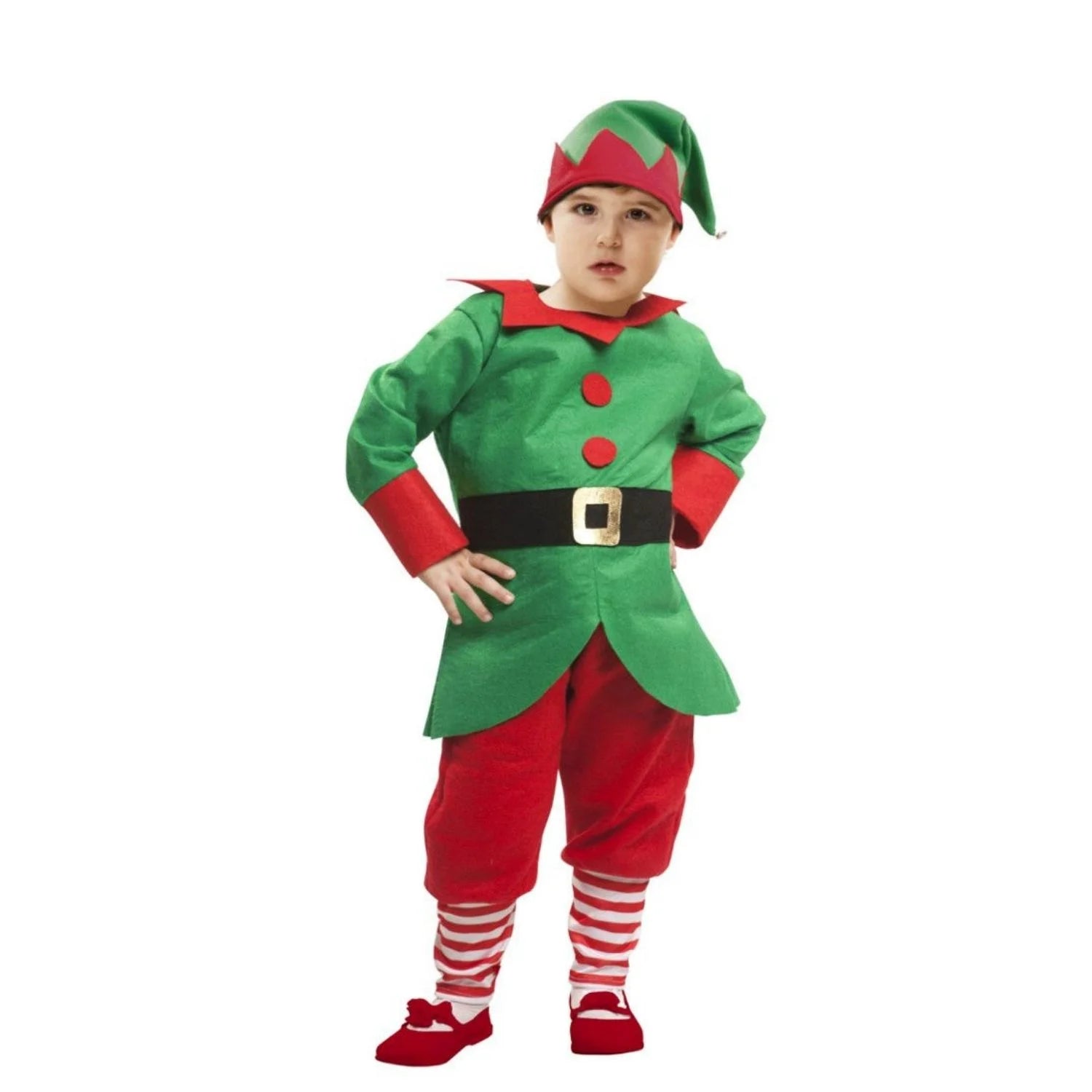 Disfraz de Elfo bebé con traje verde y rojo y gorro navideño