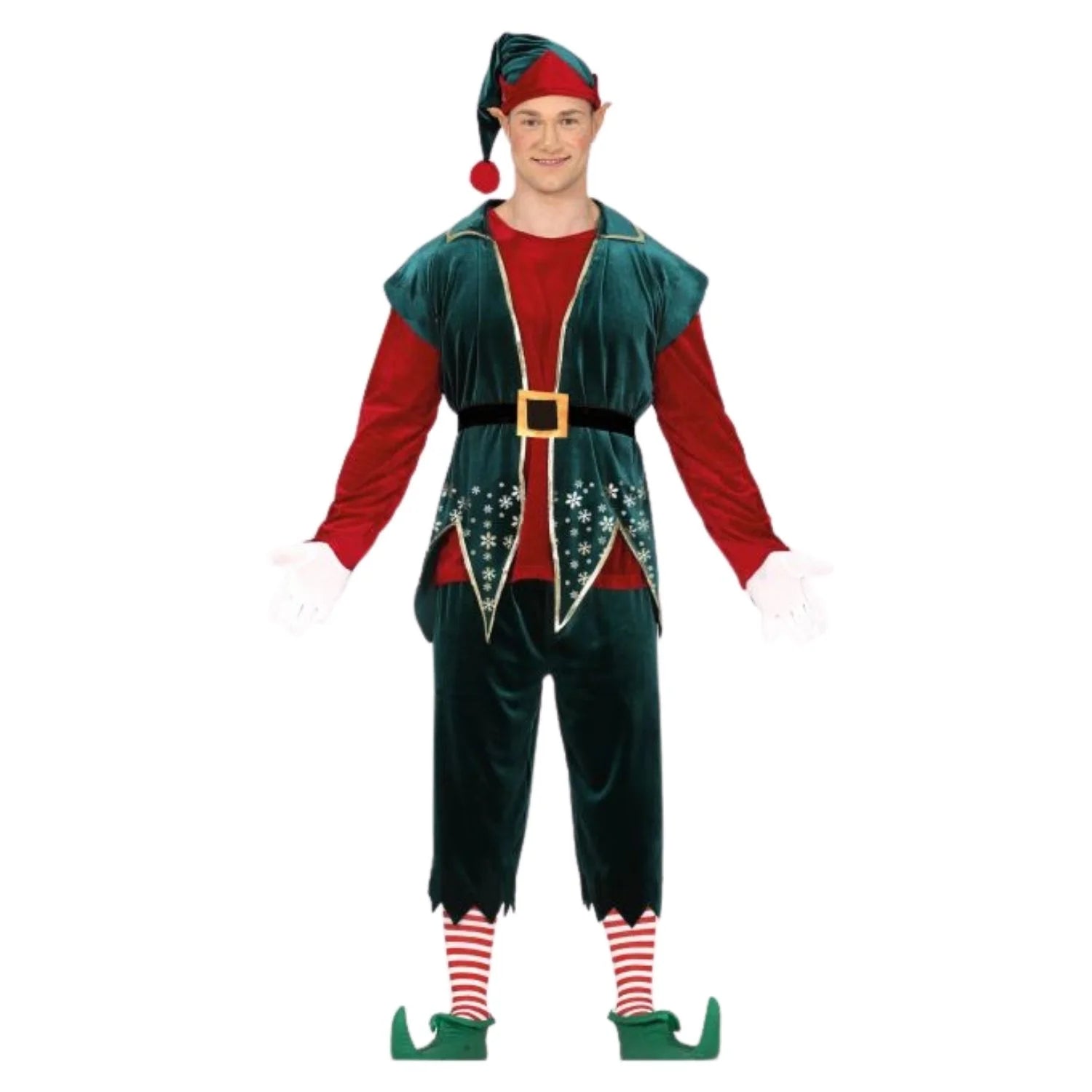 Disfraz Elfo elegante para hombre con chaleco, cinturón, gorro, pantalón y camiseta para Navidad