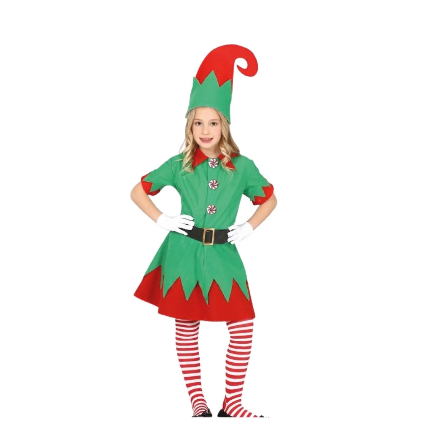 Niña con disfraz de elfo navideño con vestido, gorro y cinturón