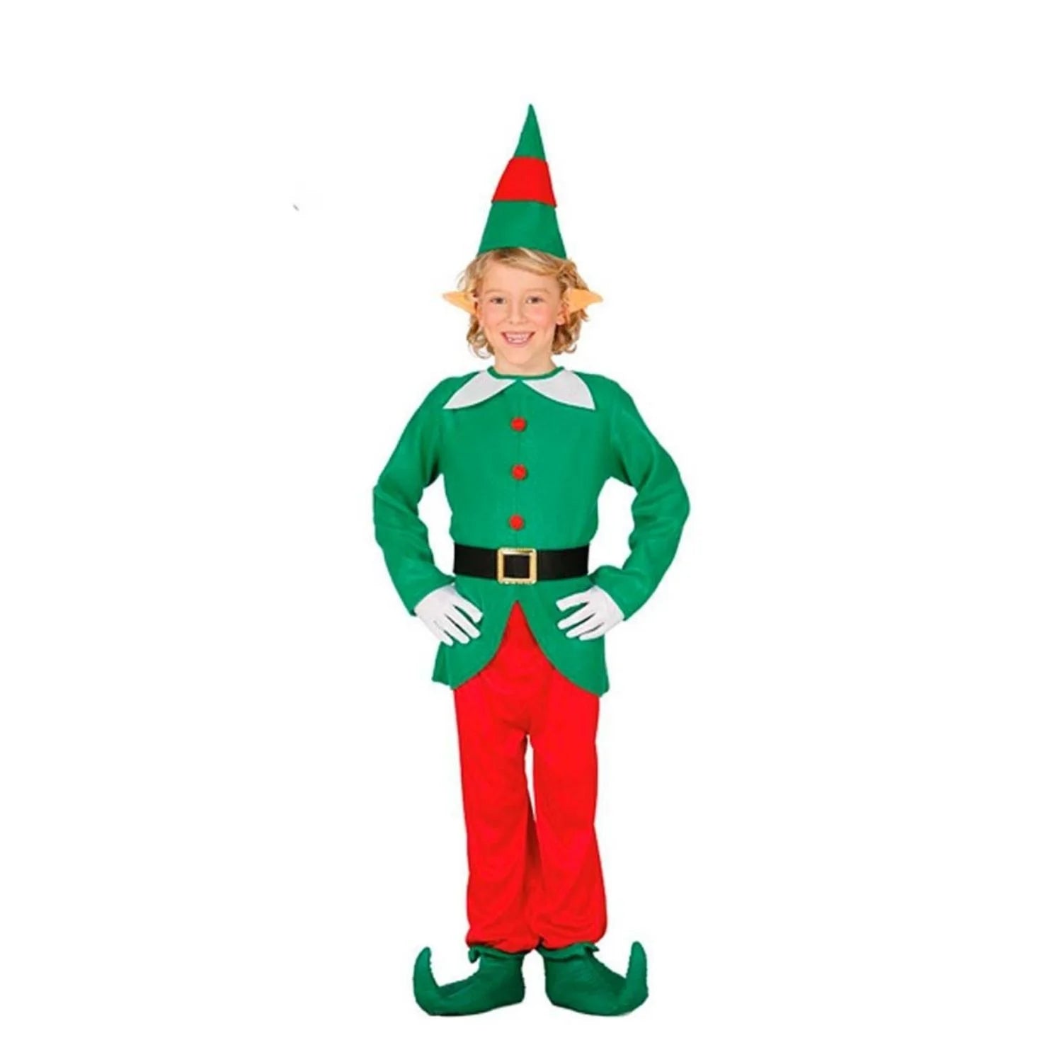 Niño con disfraz de elfo verde infantil con gorro, cinturón, camisa y pantalón