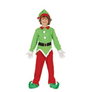 Niño con disfraz de elfo navideño con gorro, camiseta y pantalón verde