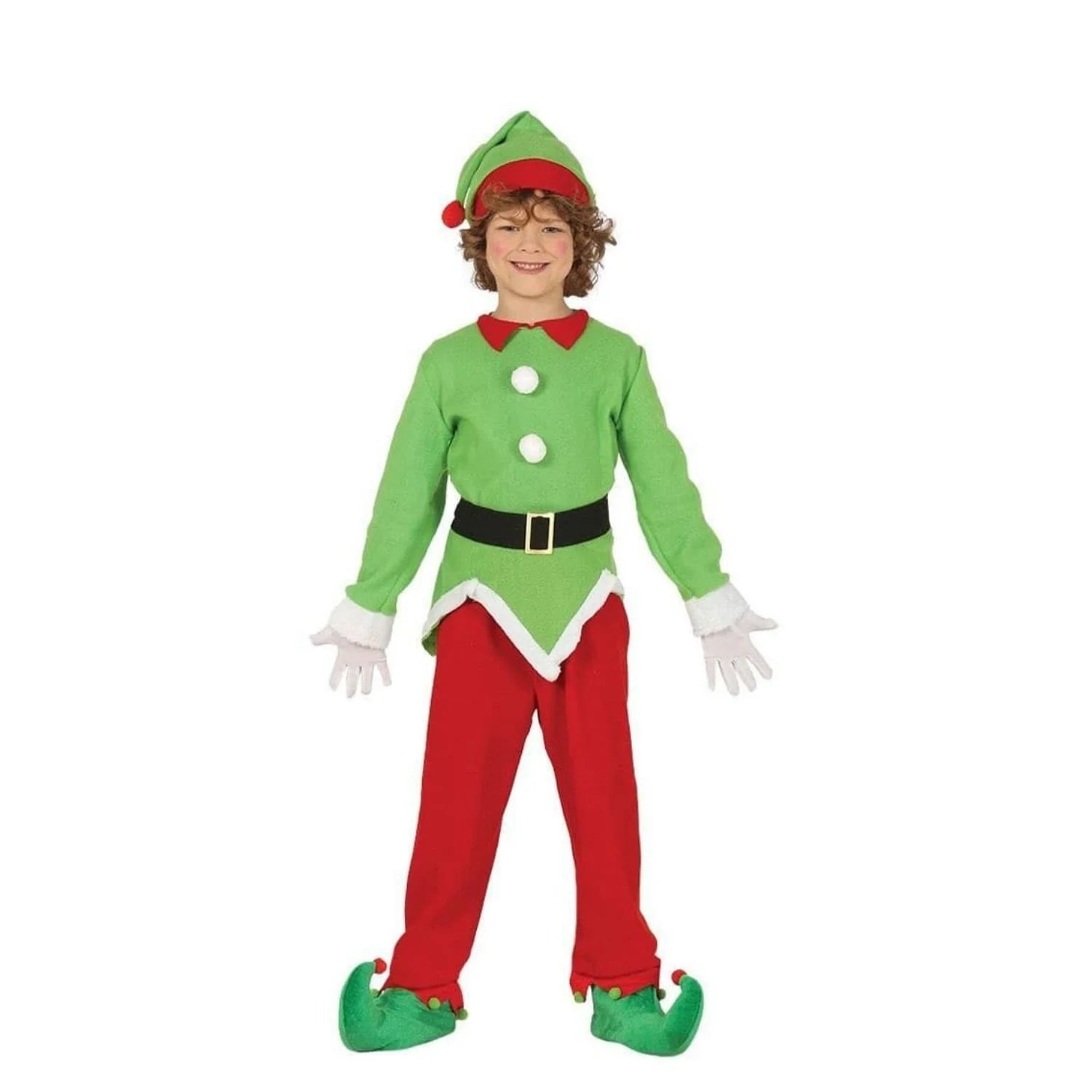 Niño con disfraz de elfo navideño con gorro, camiseta y pantalón verde
