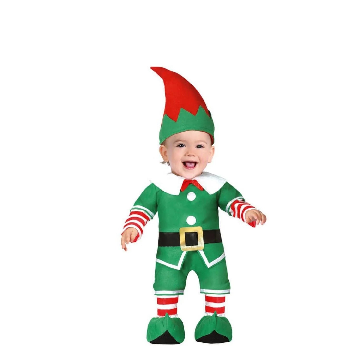 Bebé con disfraz de elfo navideño con gorro y mono verde