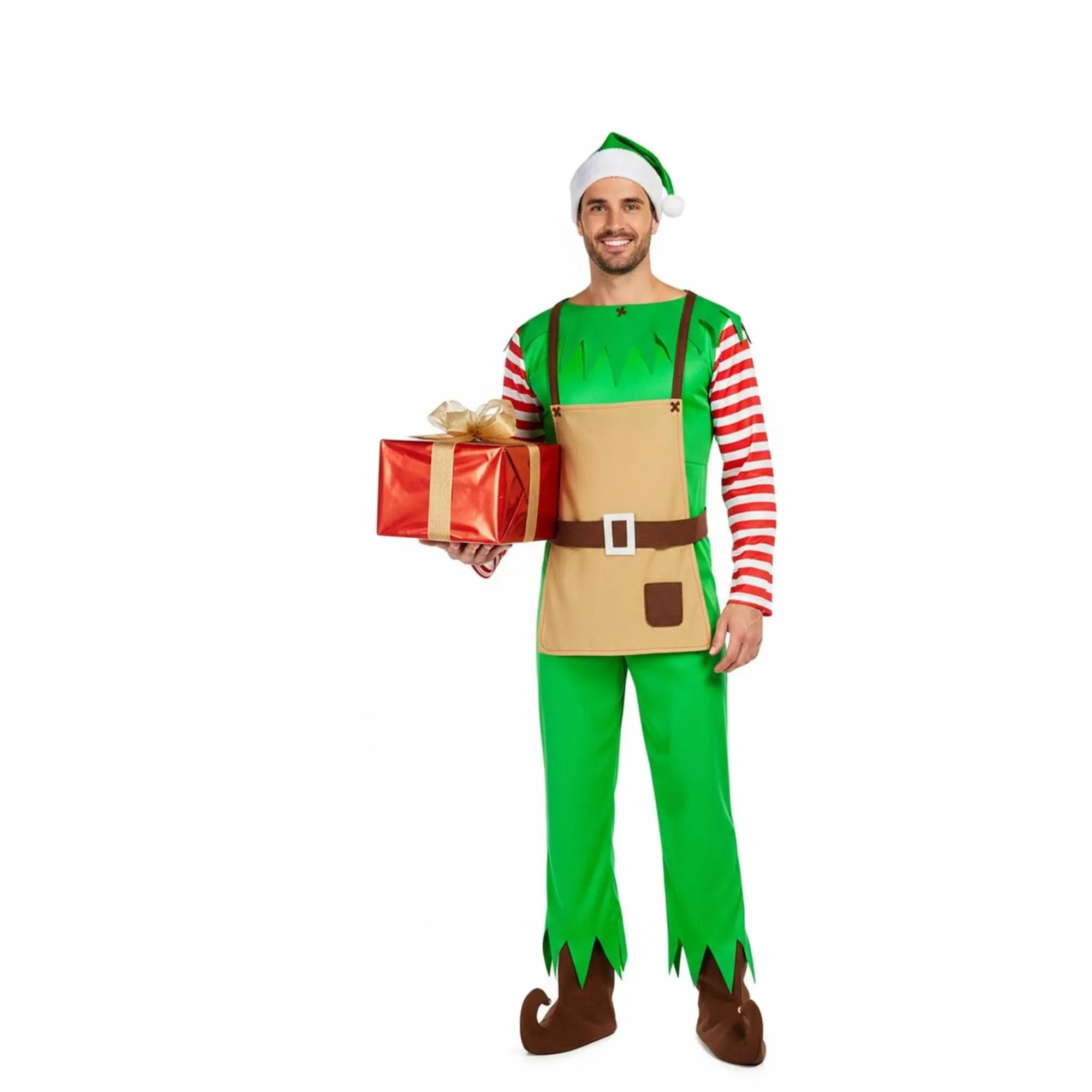 Disfraz de elfo de Navidad para adulto con mono gorro cinturón y cubrebotas