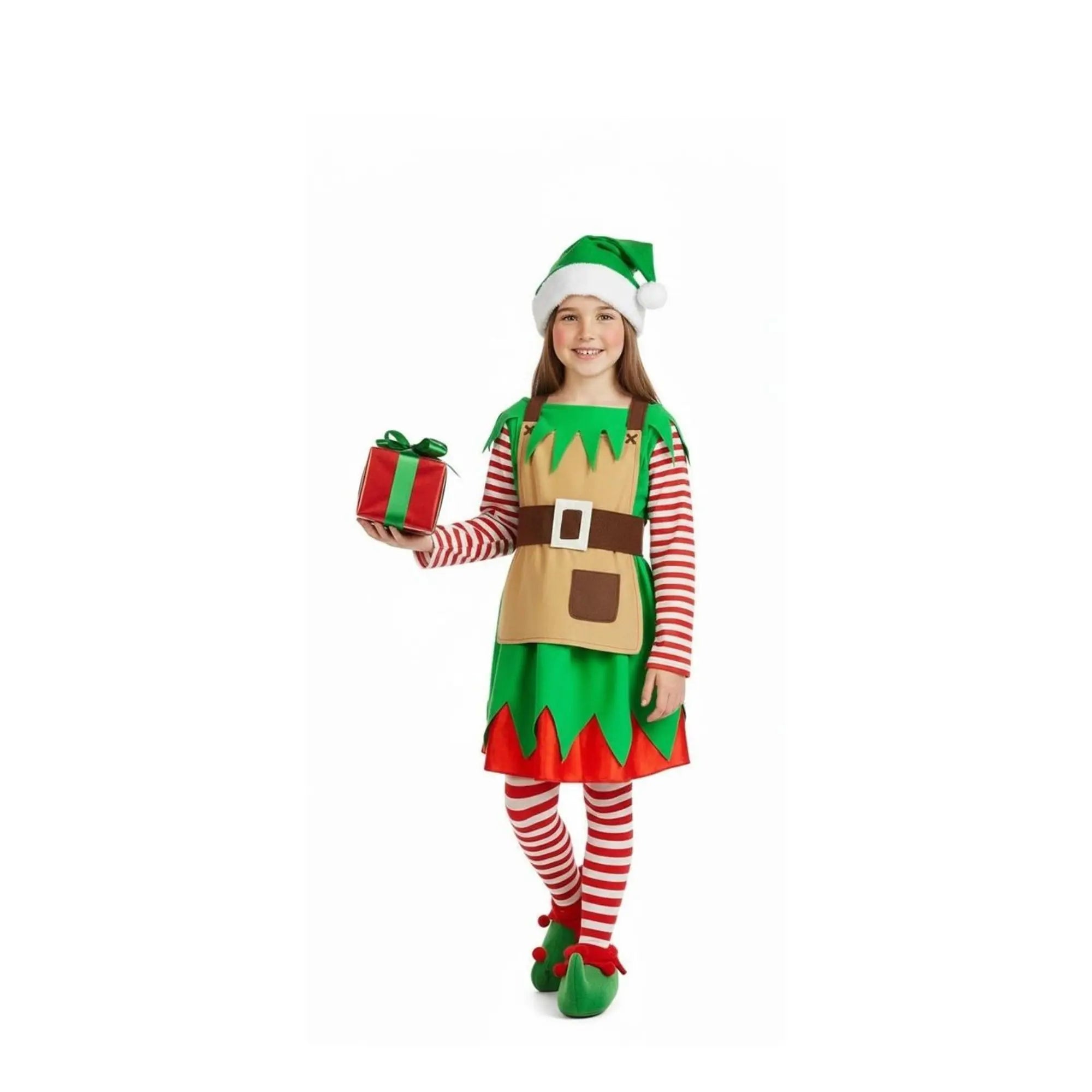 Disfraz de elfa de Navidad para niña con vestido, gorro y accesorios navideños