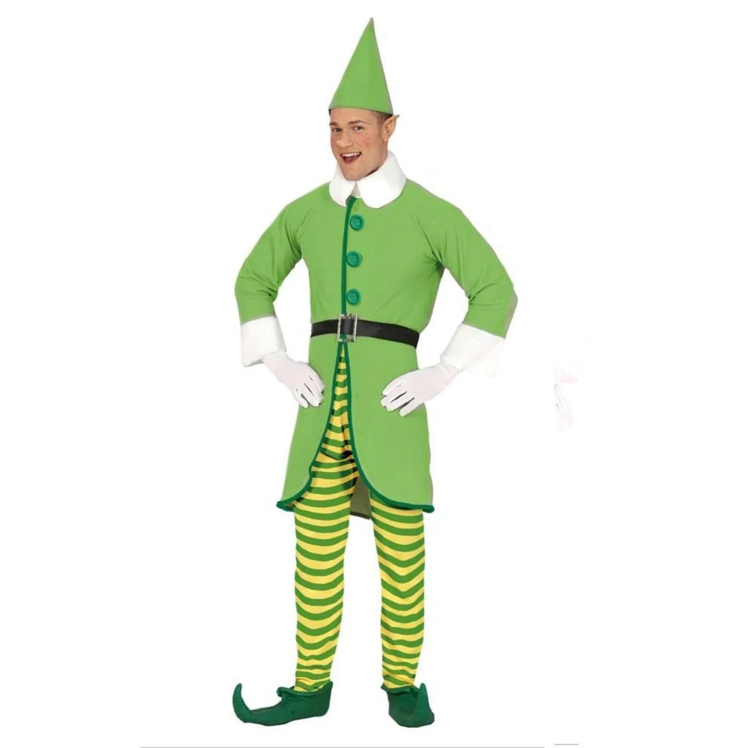 Disfraz Elfo Verde y Amarillo adulto con gorro, camisa, cinturón y pantalón para Navidad
