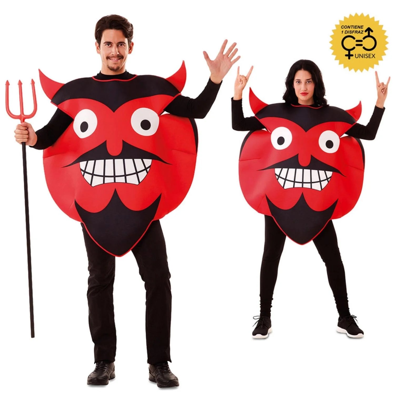 Hombre y mujer con disfraz de emoticono diablo rojo para adulto