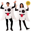 Pareja con disfraz de emoticono fantasma blanco para Halloween