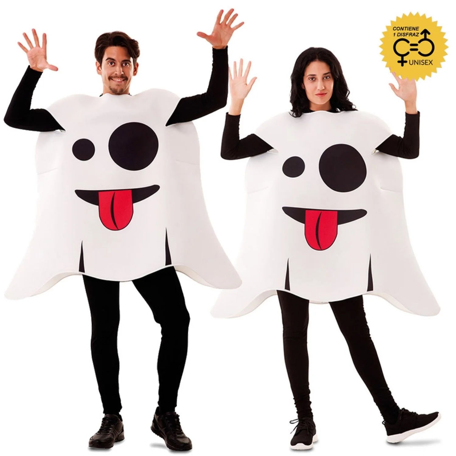 Pareja con disfraz de emoticono fantasma blanco para Halloween