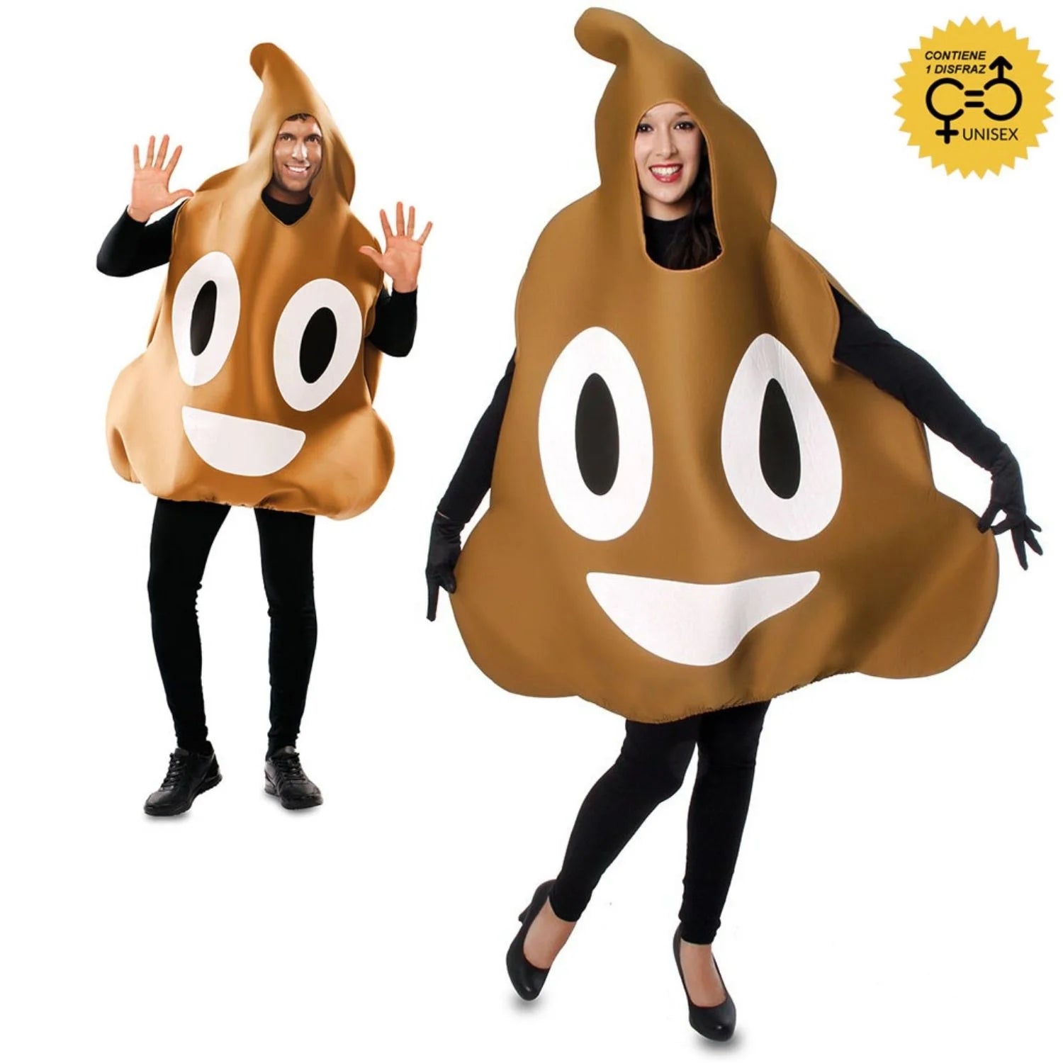 Hombre y mujer con disfraz de emoticono KK marrón inspirado en emoji divertido