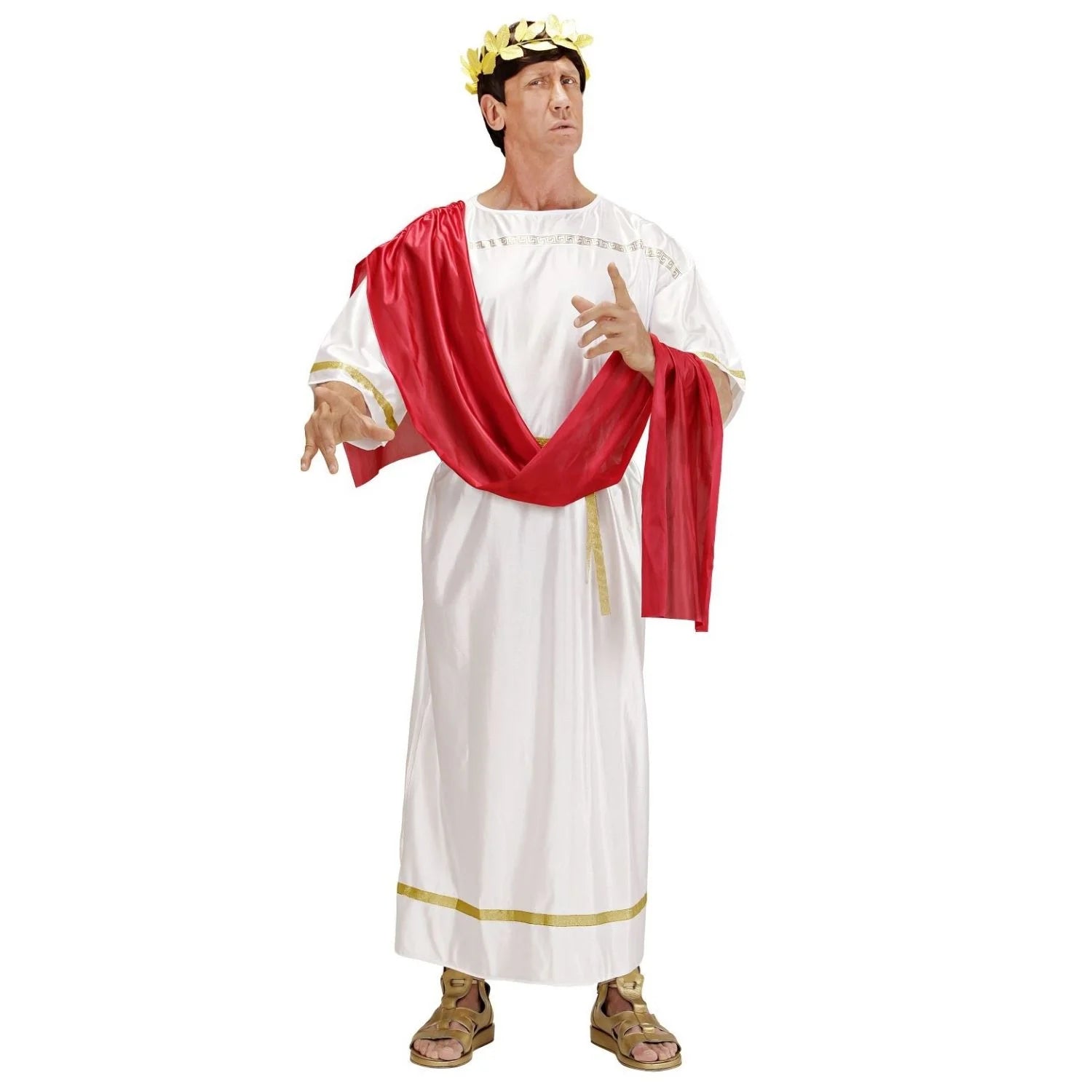 Disfraz de Emperador Romano César con túnica blanca y toga roja