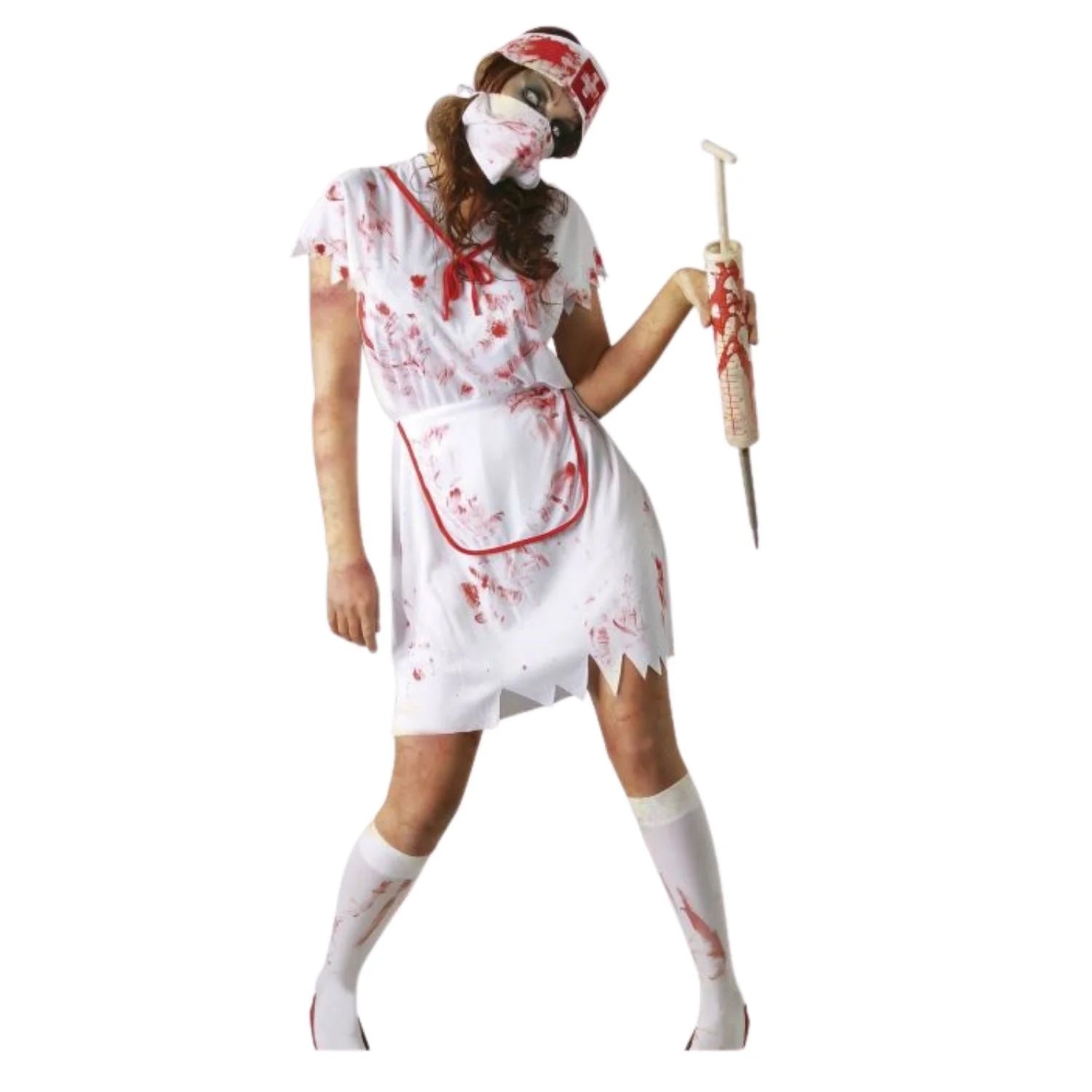 Disfraz enfermera zombie adulta con vestido, cofia, delantal y mascarilla