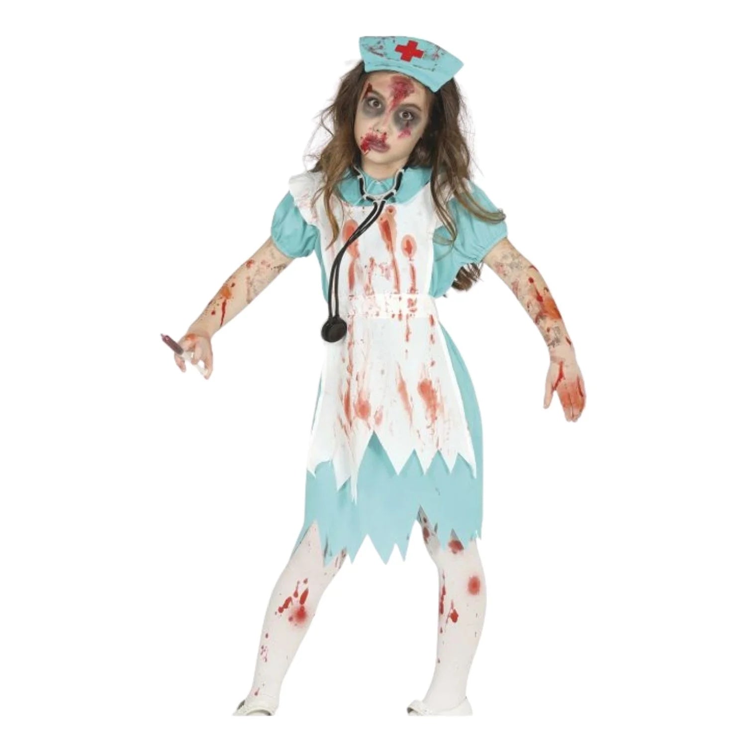 Disfraz enfermera zombie infantil con vestido y cofia para Halloween