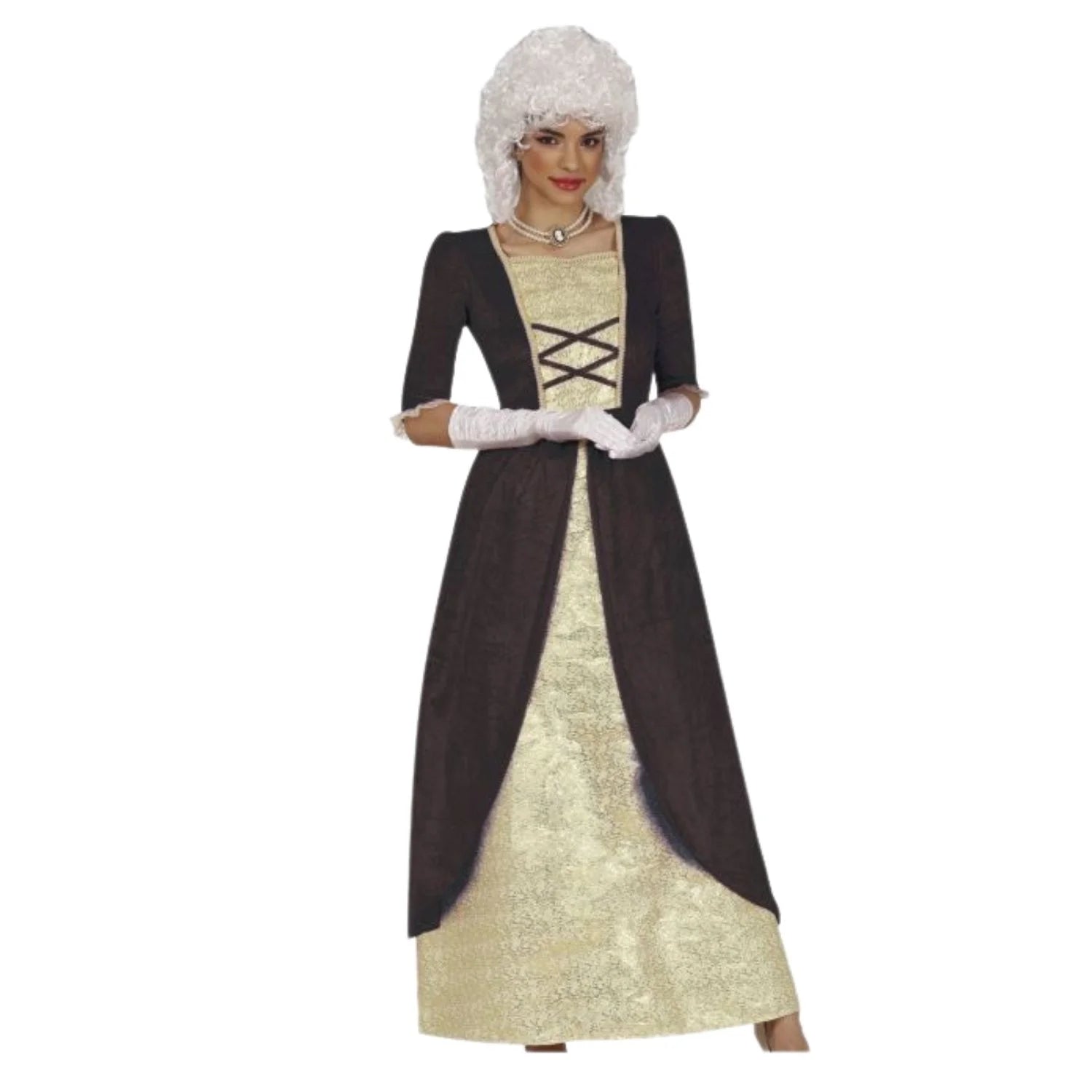 Disfraz de época para mujer con vestido largo de estilo clásico en tonos marrón y beige